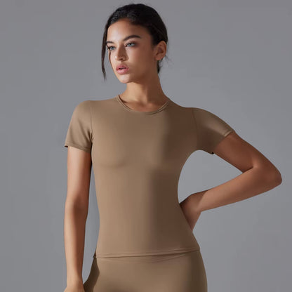 Women Running Sports T Shirt Summer Short Sleeve Round Neck Breathable Stretchy GYM Yoga Slim Fitness Active Top Tee 