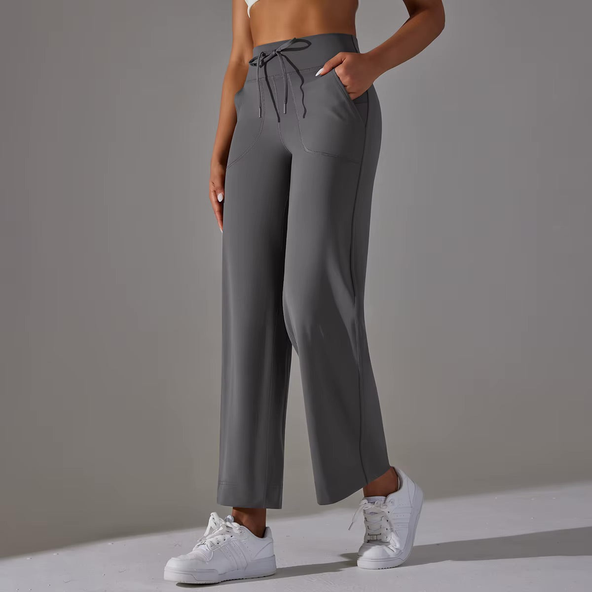 Wide Leg Pants With Pockets Women's Loose Yoga High Waist Legging Drawstring Outdoor Casual Jogging Gym Sports Flare Pants 