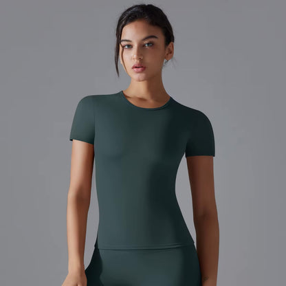 Women Running Sports T Shirt Summer Short Sleeve Round Neck Breathable Stretchy GYM Yoga Slim Fitness Active Top Tee 