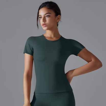 Women Running Sports T Shirt Summer Short Sleeve Round Neck Breathable Stretchy GYM Yoga Slim Fitness Active Top Tee 