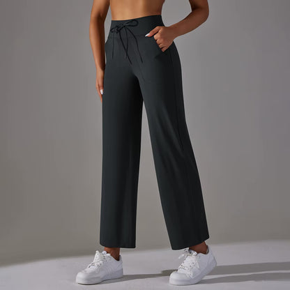 Wide Leg Pants With Pockets Women's Loose Yoga High Waist Legging Drawstring Outdoor Casual Jogging Gym Sports Flare Pants 