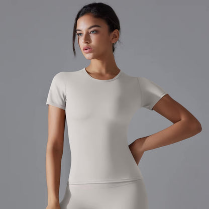 Women Running Sports T Shirt Summer Short Sleeve Round Neck Breathable Stretchy GYM Yoga Slim Fitness Active Top Tee 