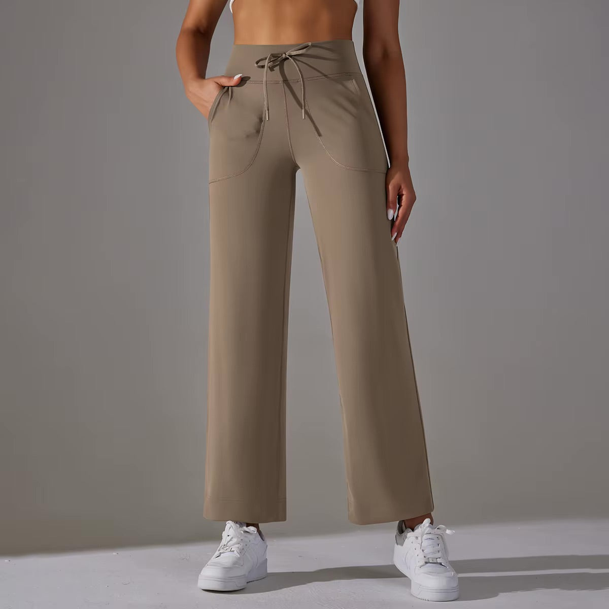 Wide Leg Pants With Pockets Women's Loose Yoga High Waist Legging Drawstring Outdoor Casual Jogging Gym Sports Flare Pants 